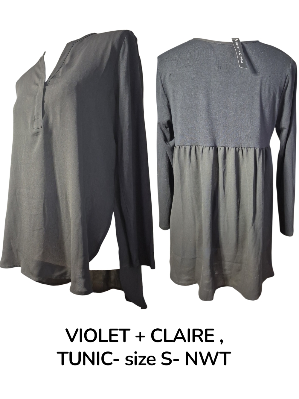Violet & Claire Charcoal Gray Tunic Top - Long Sleeve V-Neck- NWT